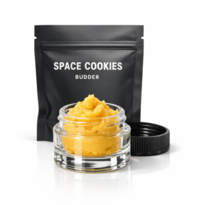 Space Cookies Budder concentrate in a 1g jar, hybrid cannabis extract