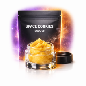 Space Cookies Budder concentrate in a 1g jar, hybrid cannabis extract