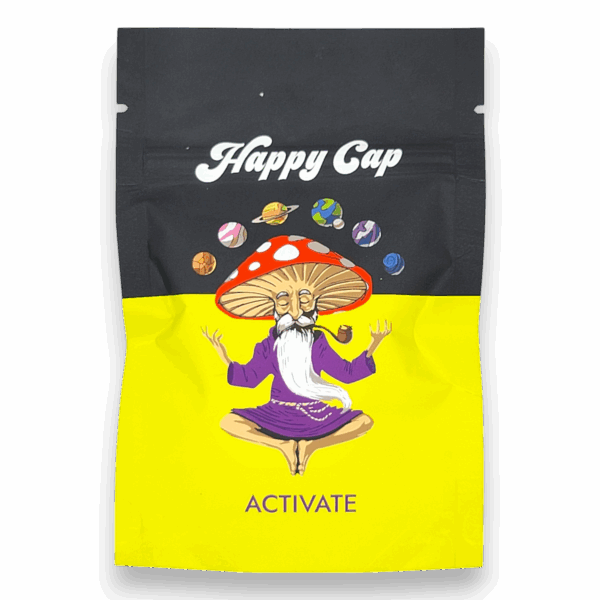 Happy Cap Activate 300mg microdose supplement – yellow pouch, 30-count mushroom capsules for focus and energy