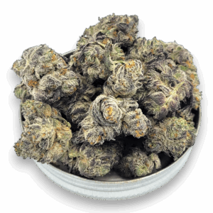 Close-up of Oreo cannabis buds showing dense, frosty trichomes with rich green and purple hues – a hybrid strain with 25–28% THC.