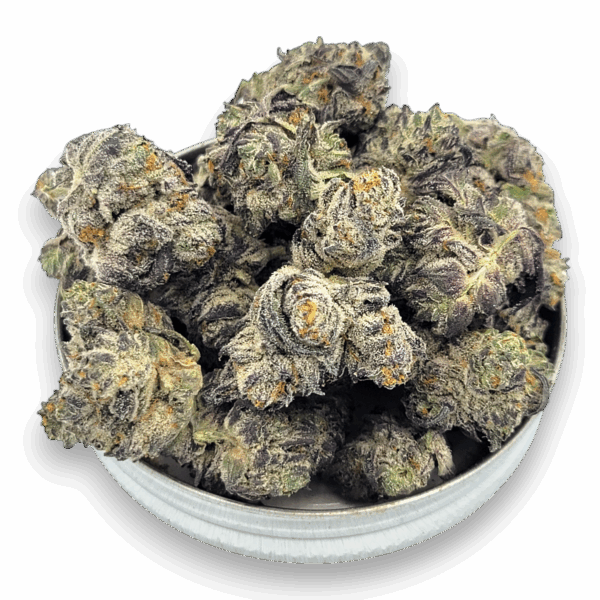 Close-up of Oreo cannabis buds showing dense, frosty trichomes with rich green and purple hues – a hybrid strain with 25–28% THC.