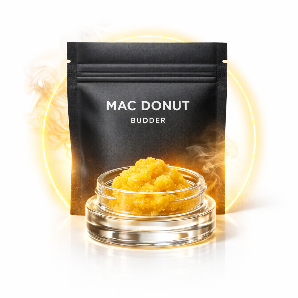 MAC Donut Budder concentrate in a 1g jar, hybrid cannabis extract, 25–35% THC, creamy dough flavor