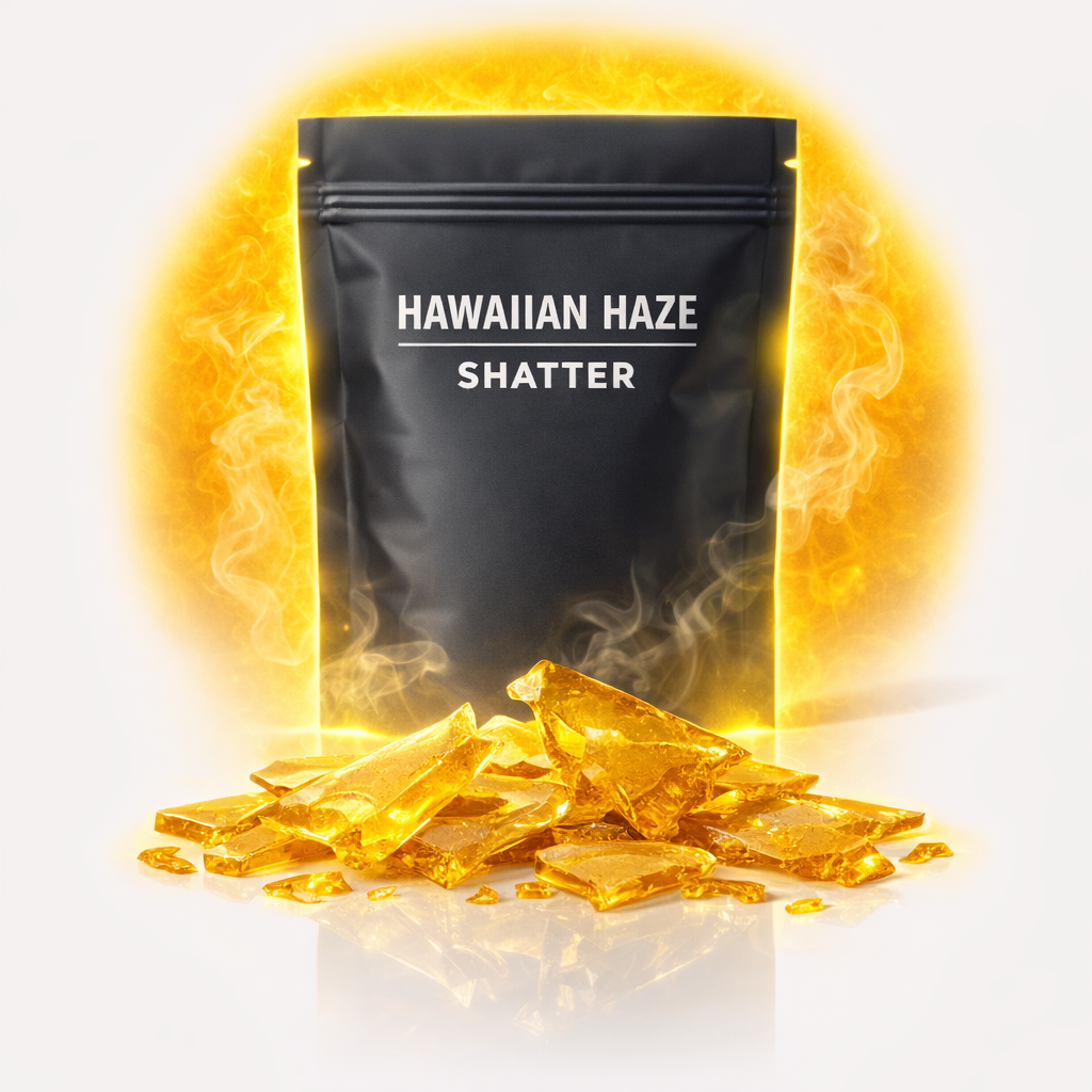 Hawaiian Haze Shatter – golden glass-like cannabis concentrate with tropical aroma