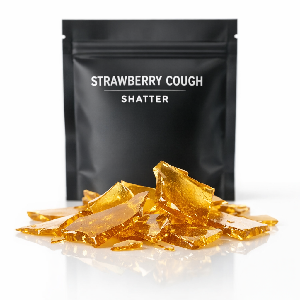 Strawberry Cough Shatter – golden cannabis concentrate with glassy texture