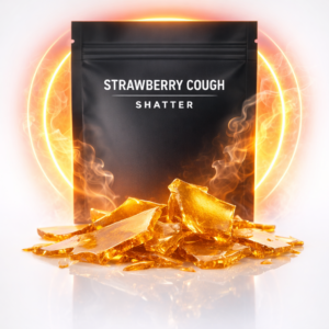 Strawberry Cough Shatter – golden cannabis concentrate with glassy texture