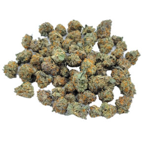 Sundae Driver hybrid cannabis buds with frosty trichomes on a neutral background