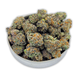 Close-up of Scratch & Snif Minis showing frosty trichomes and dense nugs