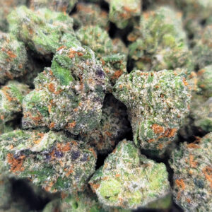 Fruity Pebbles OG mini buds with frosty trichomes and orange hairs