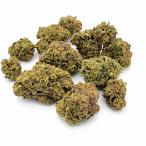 Kush Mint AAA cannabis buds arranged on white showing heavy trichome frost coverage