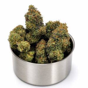 Purple Kush LSO quads AAAA buds packed in premium 14g metal can showing heavy trichome frost