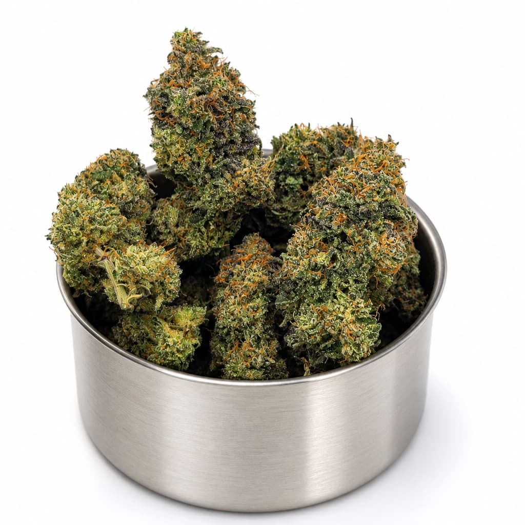 Purple Kush LSO quads AAAA buds packed in premium 14g metal can showing heavy trichome frost