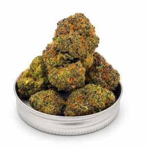 Miracle Alien Cookies MAC buds stacked in metal storage tin showing heavy trichome coverage