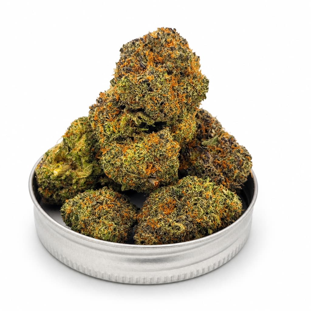 Miracle Alien Cookies MAC buds stacked in metal storage tin showing heavy trichome coverage