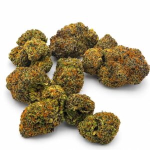 Miracle Alien Cookies MAC cannabis buds arranged on white with thick frosty trichome frost