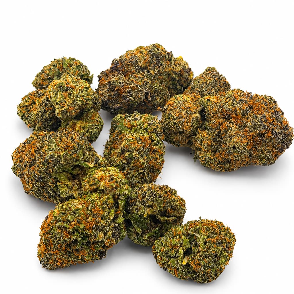Miracle Alien Cookies MAC cannabis buds arranged on white with thick frosty trichome frost