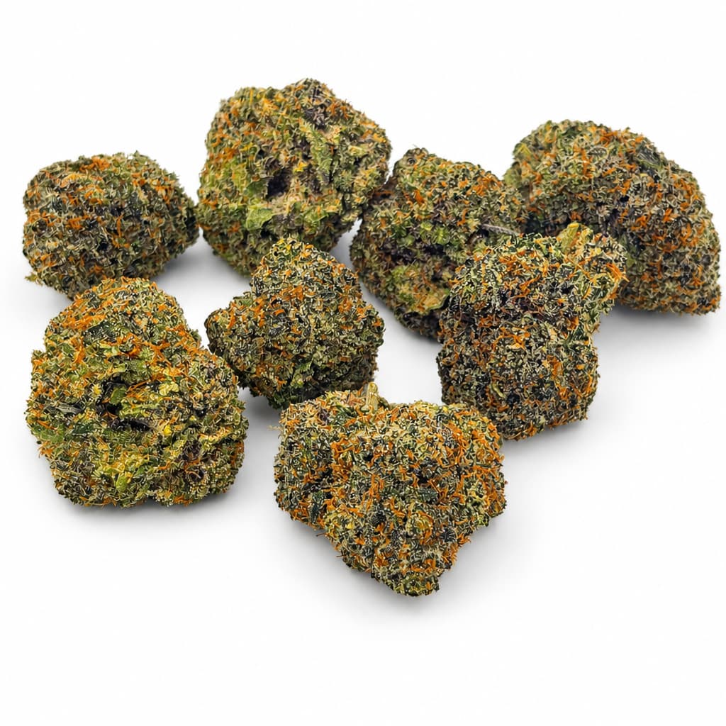 Candy Land strain cannabis buds grouped on white background showing frosty trichomes and orange hairs