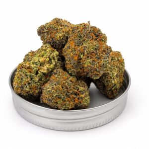Candy Land strain cannabis buds arranged in metal tin showing heavy purple trichome coverage