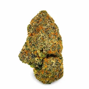 Candy Land strain single dense frosty cannabis bud with amber pistils on white background