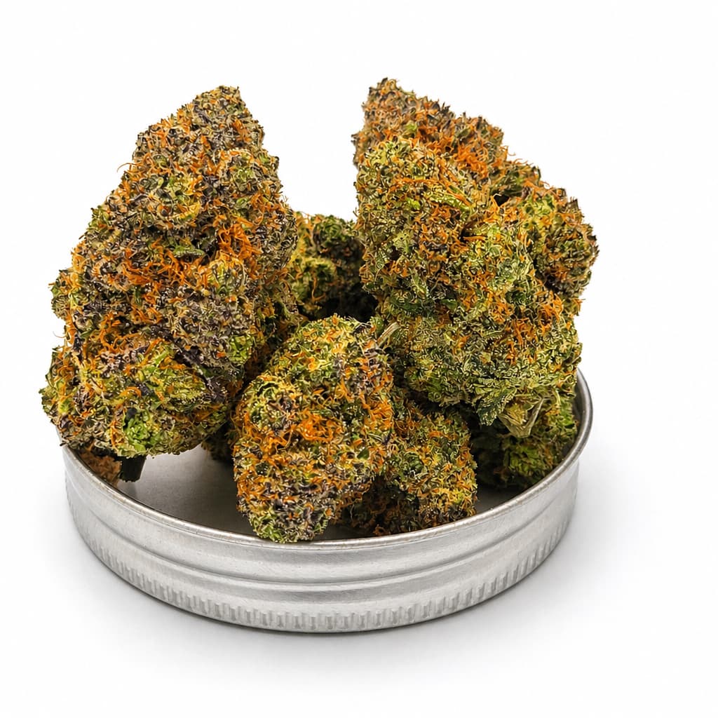 Purple Wiz cannabis buds packed in metal storage tin showing heavy purple trichome coverage