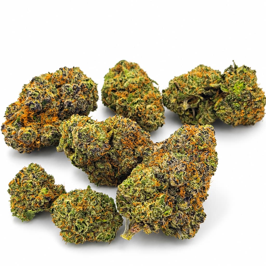 Purple Wiz cannabis buds arranged on white background showing frosty trichomes and orange hairs