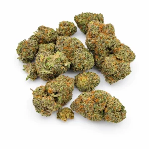 Pile of AAA Zkittlez cannabis buds with purple and green colouring on a white background