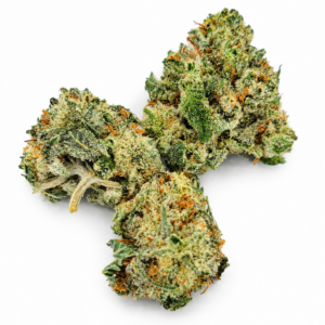 Three AAA Donkey Butter mini cannabis buds with orange hairs and frosty trichomes on a white background