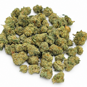 Pile of AAA Donkey Butter mini cannabis buds on a white background