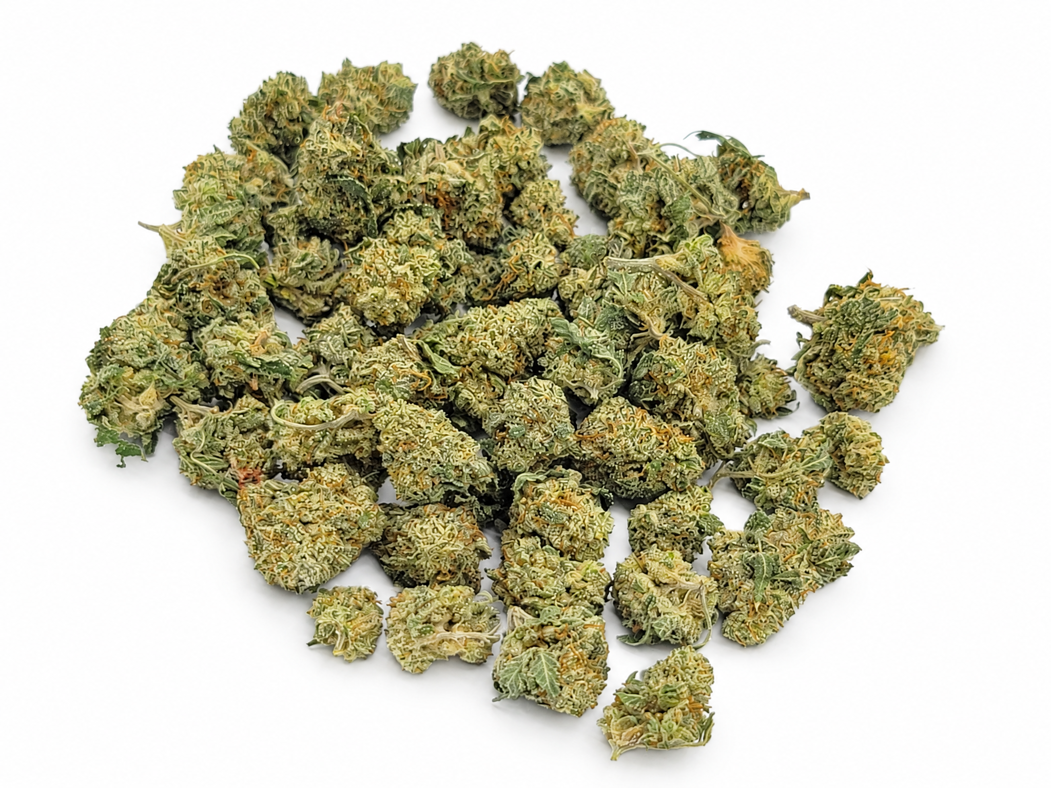 Pile of AAA Donkey Butter mini cannabis buds on a white background