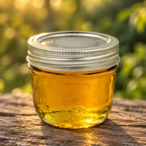Wholesale D9 jar with silver lid, filled with golden amber D9 oil, standing upright on a natural wooden surface