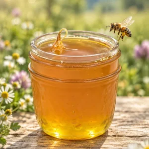 Honey oil in a clear ridged glass jar, thick golden amber oil on a white background with a bumble bee