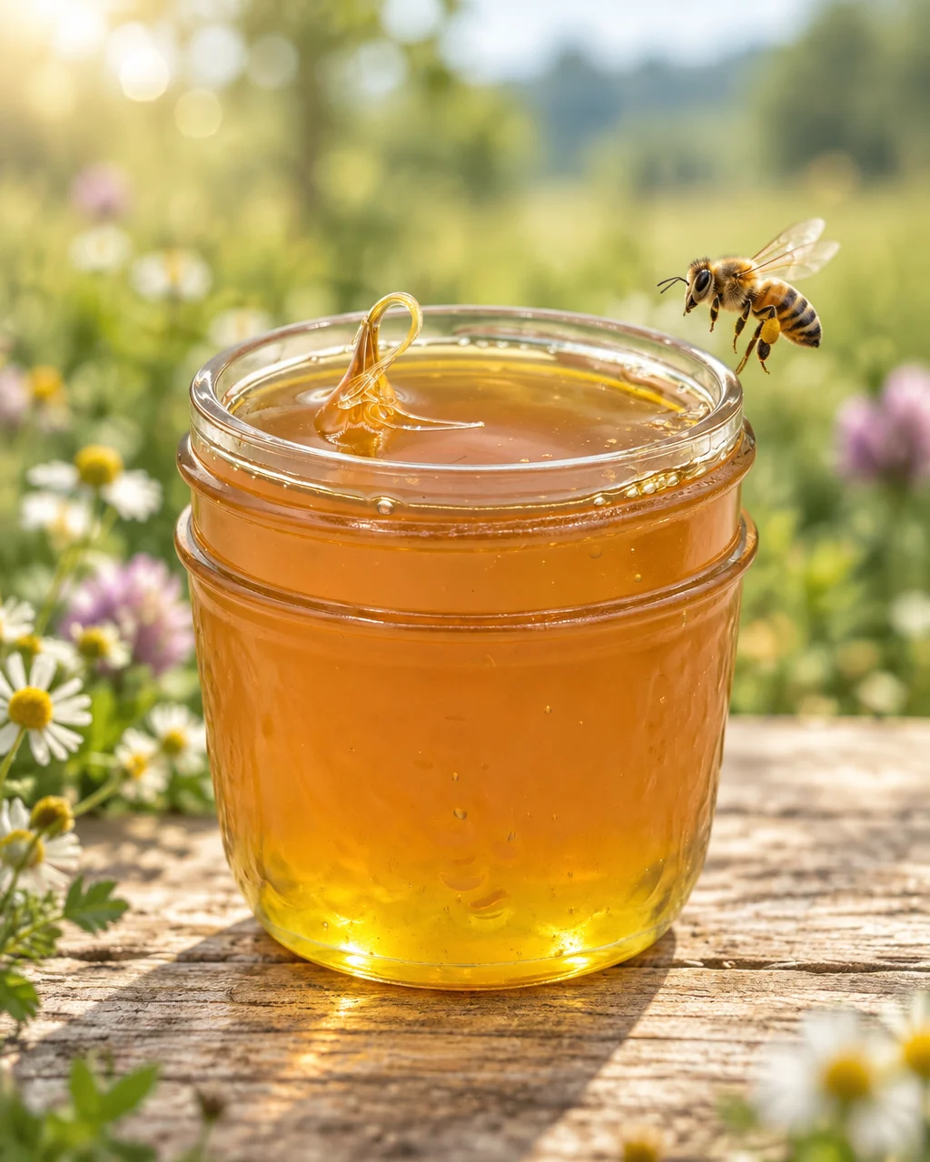 Honey oil in a clear ridged glass jar, thick golden amber oil on a white background with a bumble bee