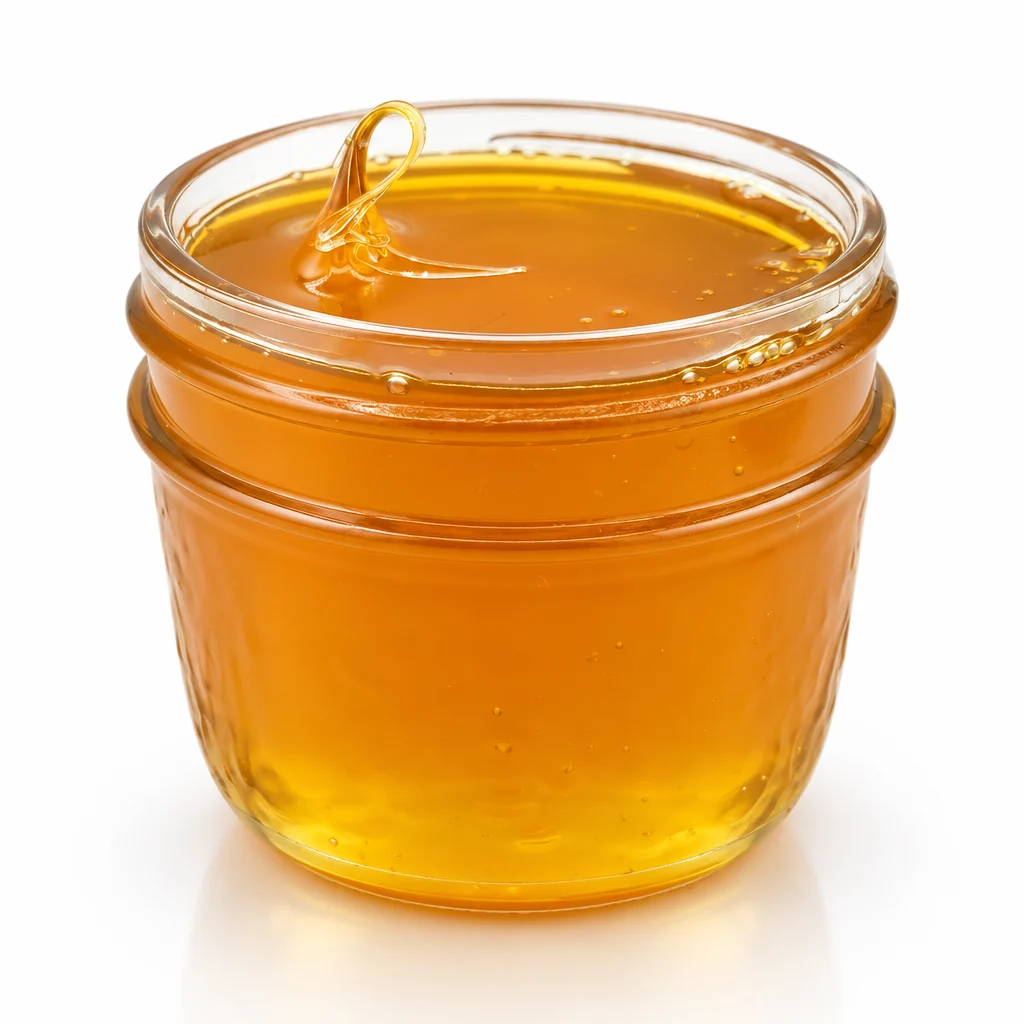 Honey oil in a clear ridged glass jar, thick golden amber oil on a white background