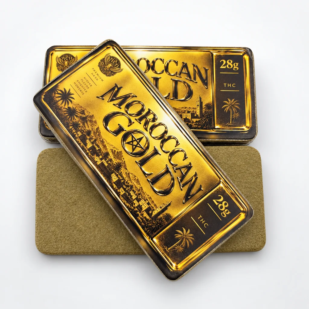Moroccan Gold premium hash slabs in gold-bar packaging with palm tree design