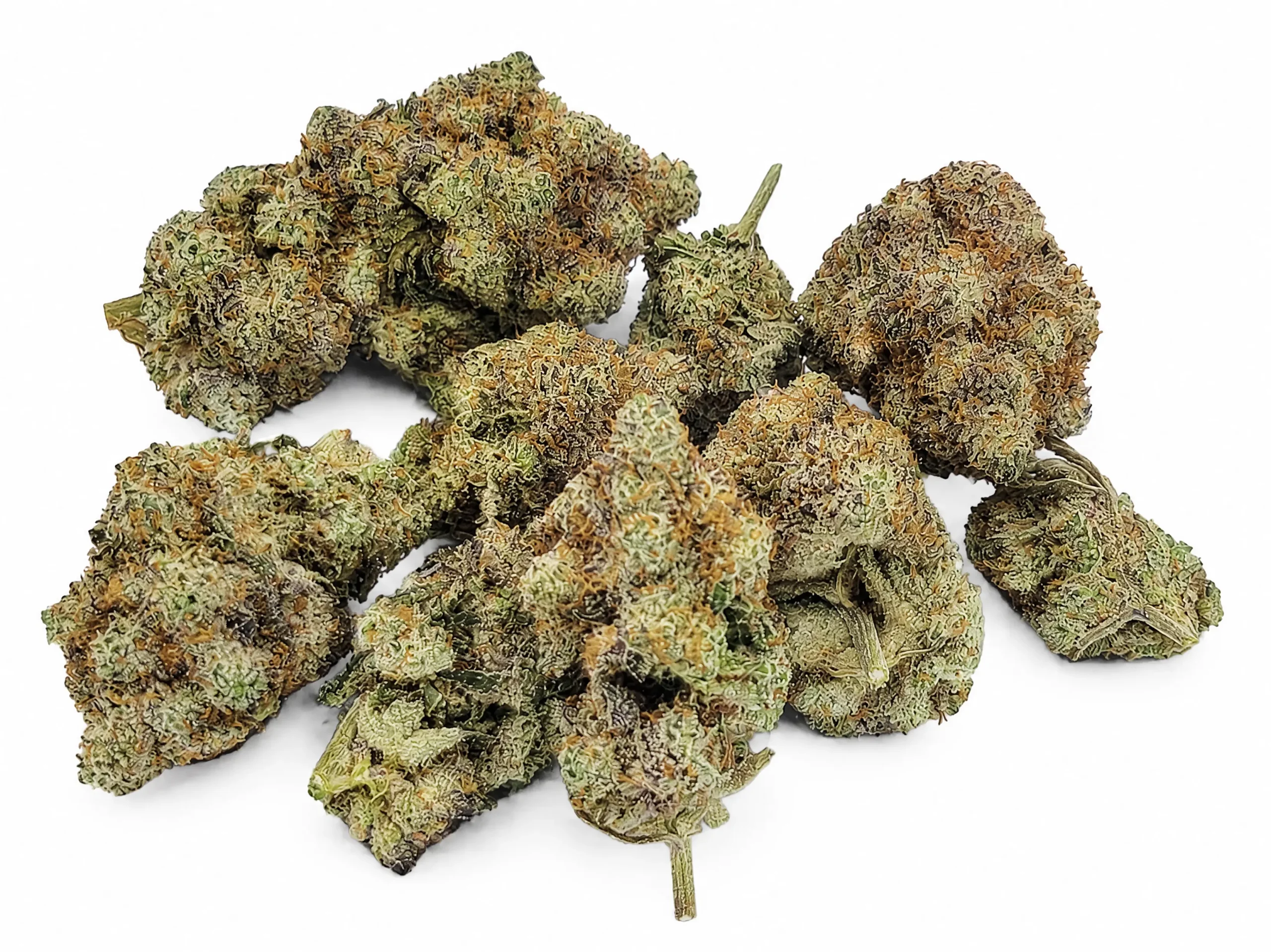 Pile of AAA Pink Bubba cannabis buds on a white background