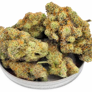 AAA Pink Bubba cannabis buds in a round metal tin on a white background