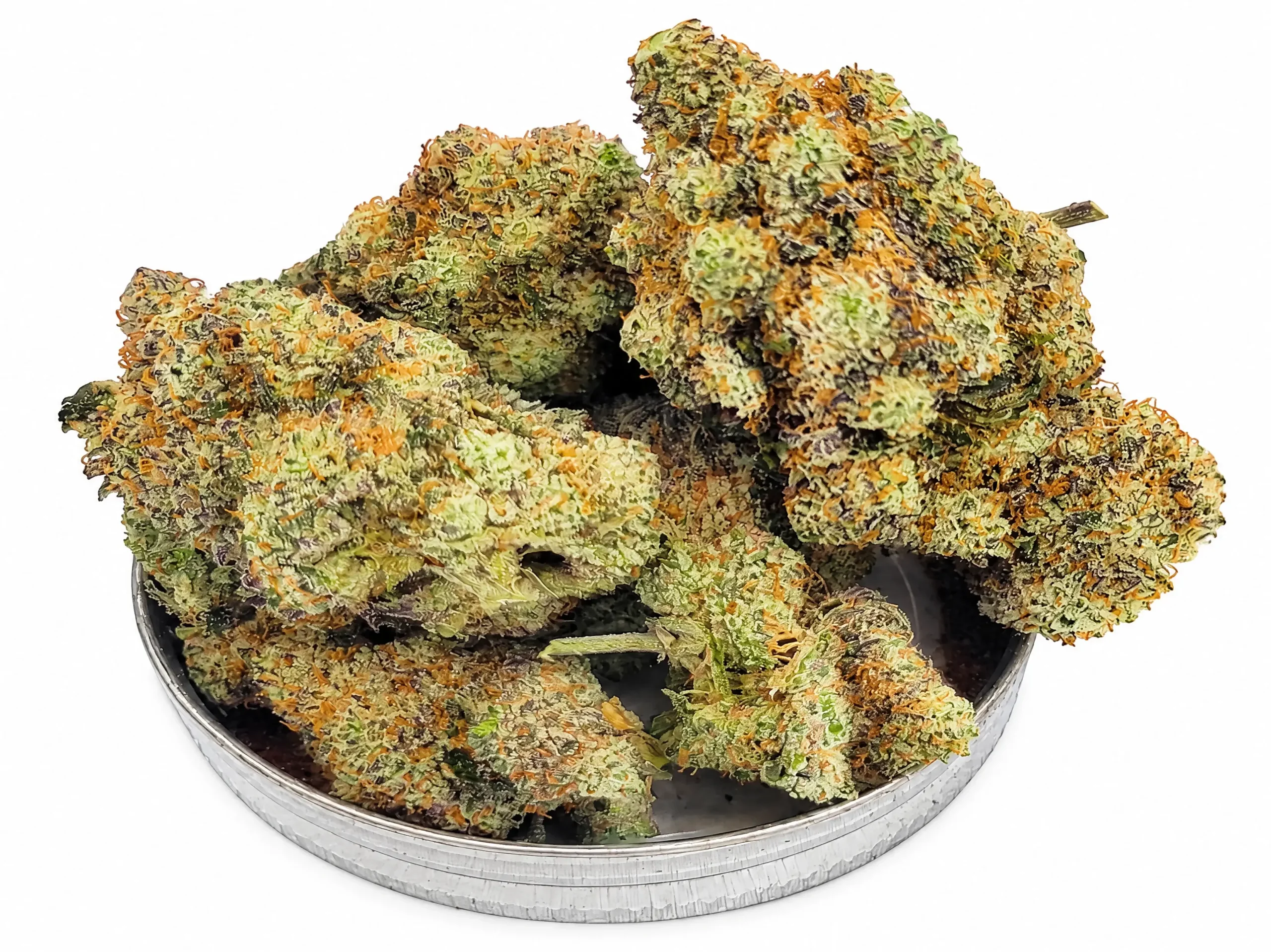 AAA Pink Bubba cannabis buds in a round metal tin on a white background
