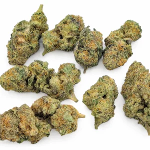 Pile of AAA White Wedding cannabis buds on a white background